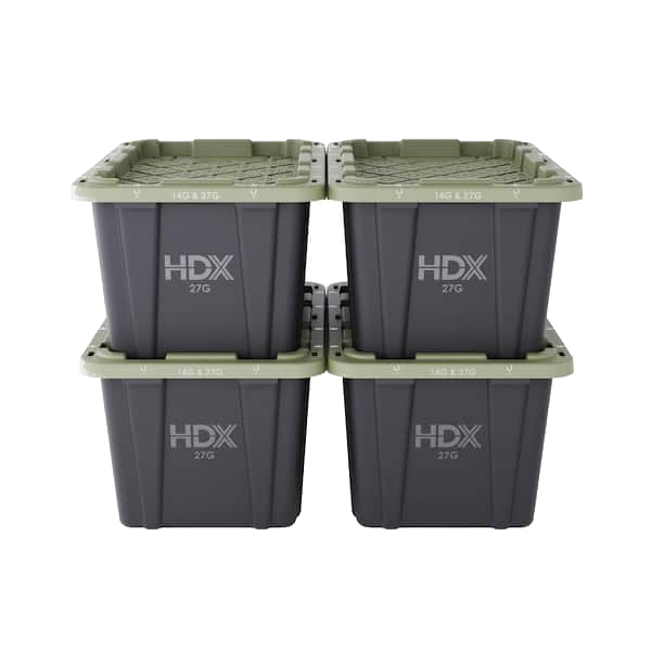 HDX 27 gal. Tough Storage Tote in Black and Army Green Combo — Four 27 gal black totes with Army Green lids; one retailer bundle.