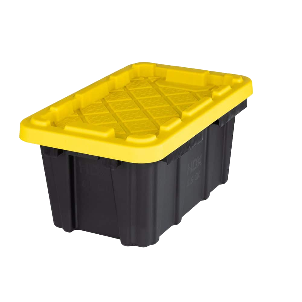 HDX 6.5 qt. Tough Storage Tote in Black with Yellow Lid — One 6.5 qt black tote with a yellow lid.